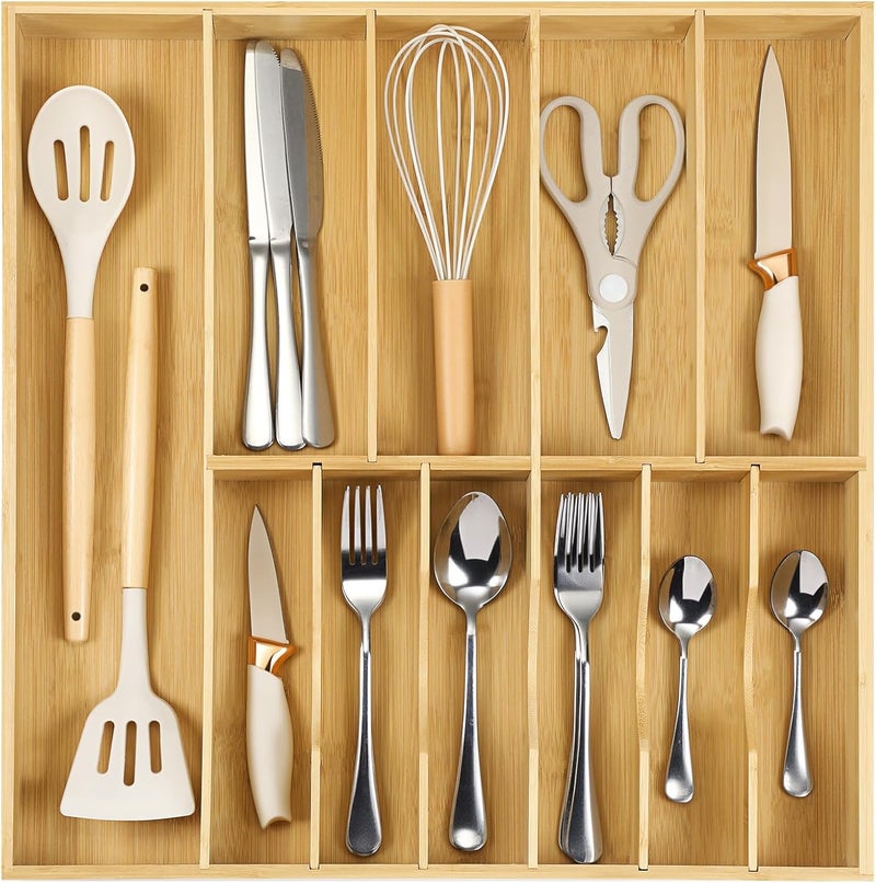 Fabsome Silverware Organizer for Kitchen Drawers, 2.5'' Deep 18.8'' Wide Bamboo Wood Flatware Tray with Deep Slots for Large Cutlery Utensil Drawer - Image 1